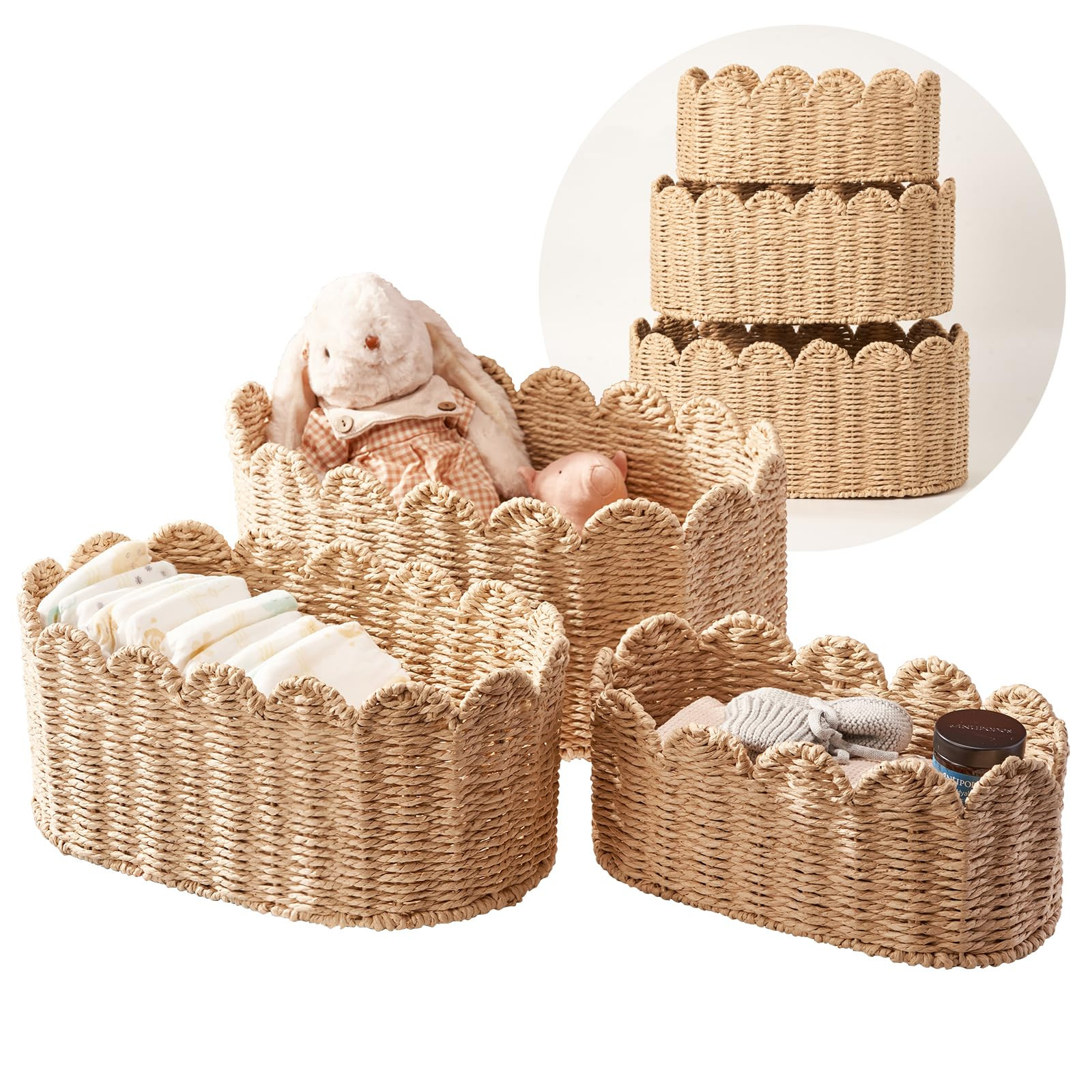Scalloped Basket Set of 3, Wicker Storage Baskets - Hand-Woven Paper Rope Nursery Organizer for D... | Amazon (US)