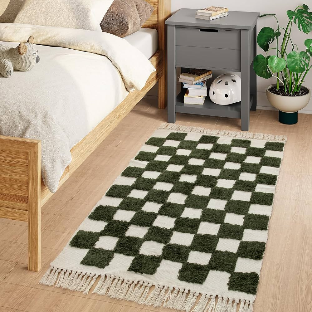 Lanffia Boho Checkered Tufted Rug - 3x5 Area Rug Olive Green Hallway Rug Washable with Tassels In... | Amazon (US)