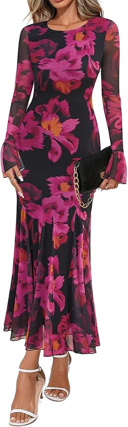 Lazysmile Women's Long Sleeve Floral Maxi Dresses Fall Formal Crewneck Bodycon Mesh Ruffle Weddin... | Amazon (US)