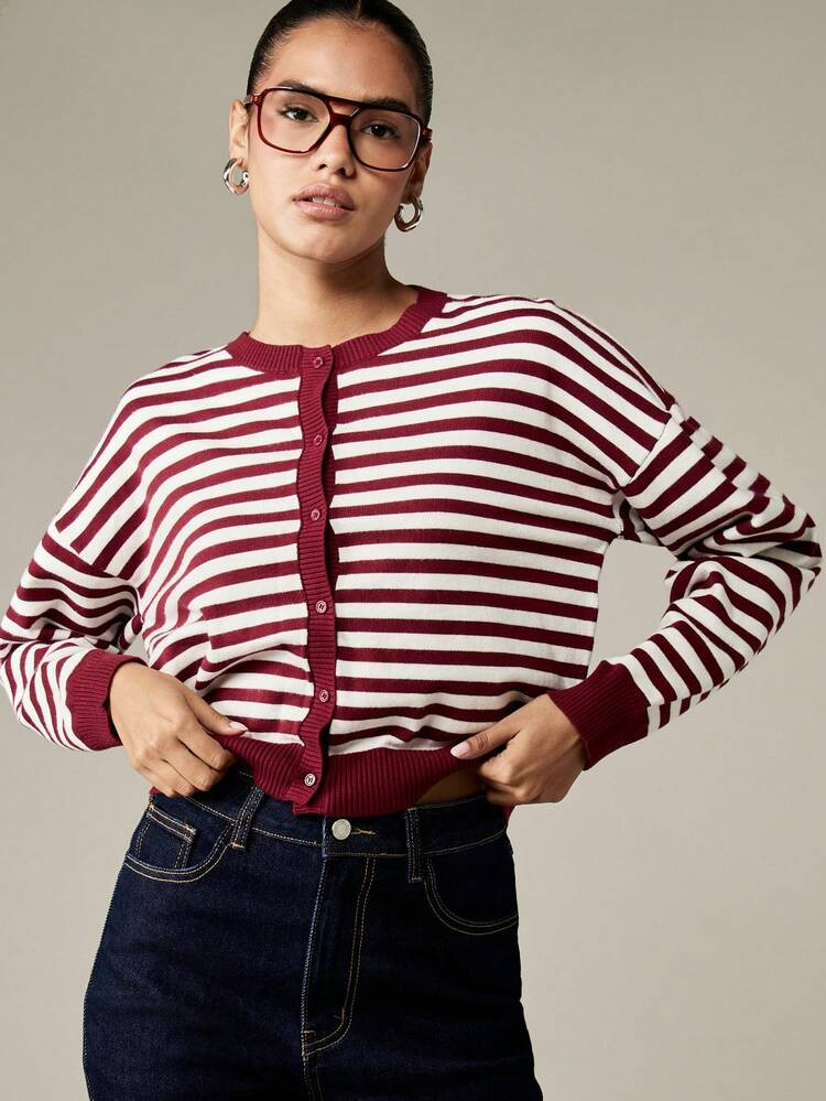 MISSGUIDED PLUS Plus Size Burgundy Striped Cardigan Button Front Long Sleeve Cropped Knit Sweater... | SHEIN