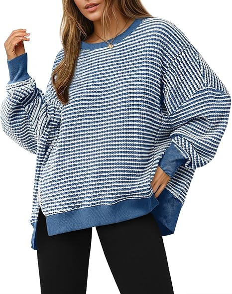 Fisoew Women's Fall Oversized Sweatshirt Casual Waffle Knit Long Sleeve Crewneck Split Pullover T... | Amazon (US)