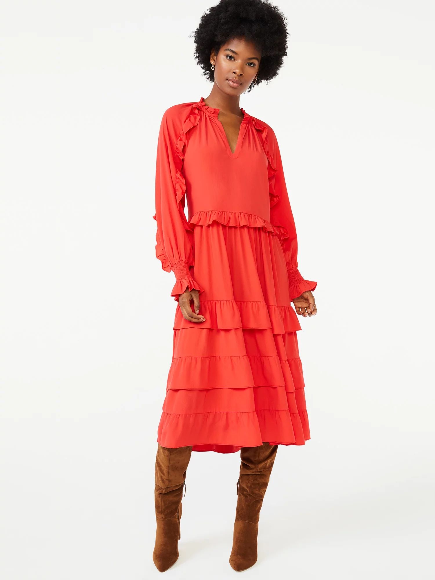 Scoop Women's Tiered Midi Dress with Long Sleeves - Walmart.com | Walmart (US)