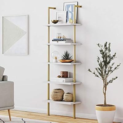 Nathan James Theo 5-Shelf Ladder Bookcase with Brass Metal Frame, 5-Tier, White/Gold | Amazon (US)