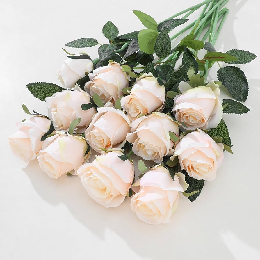 12Pcs Realistic Fake Cream Roses Faux Flowers with Long Stems, Artificial Silk Rose Flowers for V... | Amazon (US)