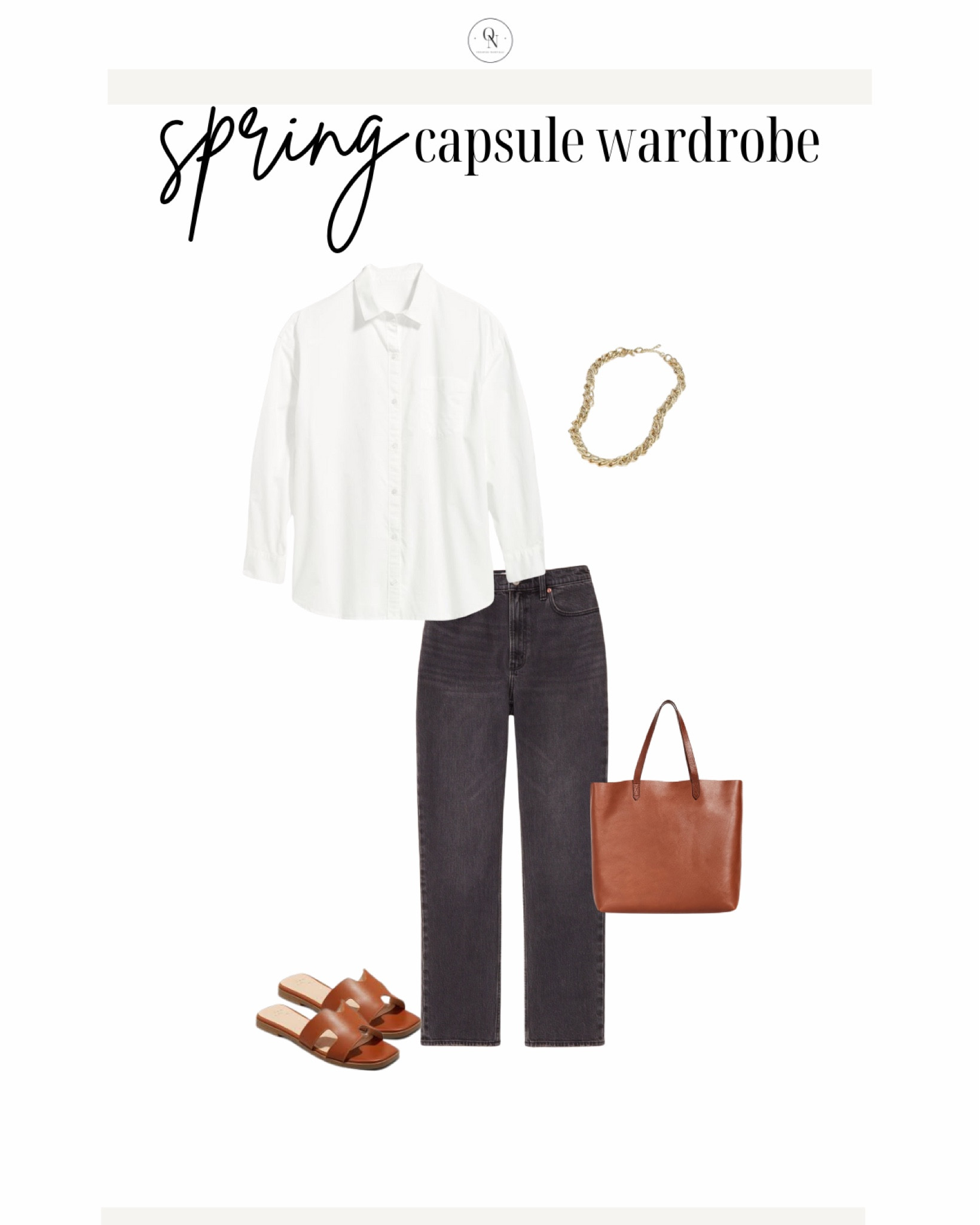 Simple spring capsule outfit, black denim  //

The Spring Capsule Wardorbe is here! 18 pieces to make getting dressed easy, decrease decision fatigue and reduce your mental load this spring. All at a modest price point with all items including trench under $150.

1. Basic white tshirt
2. Cashmere sweater
3. Striped sweater
4. White button down
5. Black denim
6. Cream pants (not shown but linked)
7. Wide leg denim
8. Black blazer
9. Trench coat
10. Black mules
11. Cognac sandals
12. Black sling backs
13. Sneakers
14. Chain necklace
15. Black purse 
16. Black crossbody (not shown)
17. Cognac tote
18. Sunglasses

spring outfits, spring capsule, what to wear for spring, spring outfits for women, travel spring outfits, spring essentials, sprint closet essentials, spring wardrobe essentials

#LTKSeasonal #LTKSpringSale