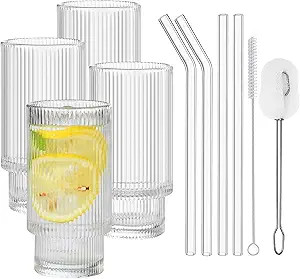 ALINK Ribbed Glassware Drinking Glasses with Straws Set of 4, Vintage Fluted Glassware Iced Coffe... | Amazon (US)