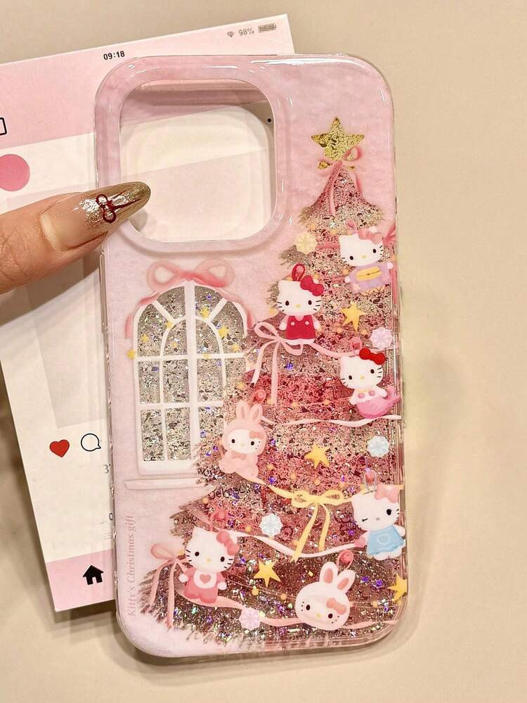 Sanrio 1pc Glitter Christmas Tree & Hello Kitty Pattern Phone Case, Cute Cartoon Personalized Sho... | SHEIN