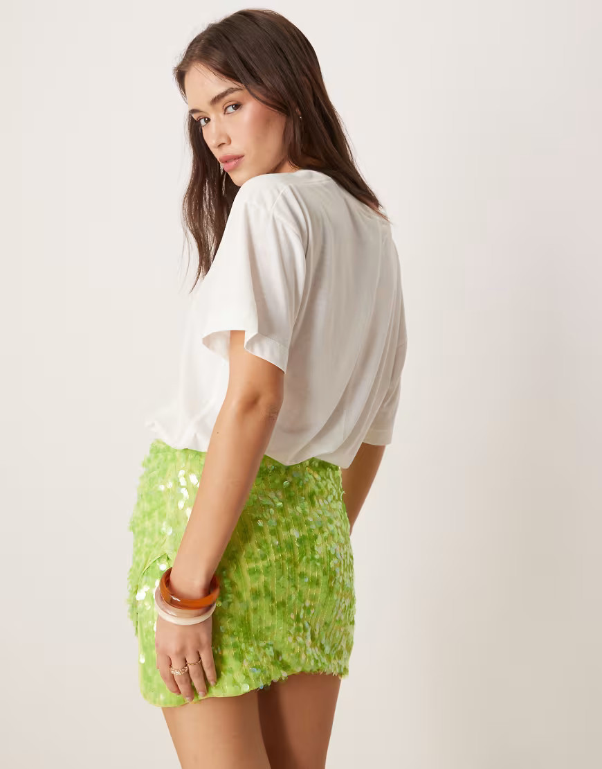 ASOS DESIGN drape sequin mini skirt in lime green | ASOS (Global)