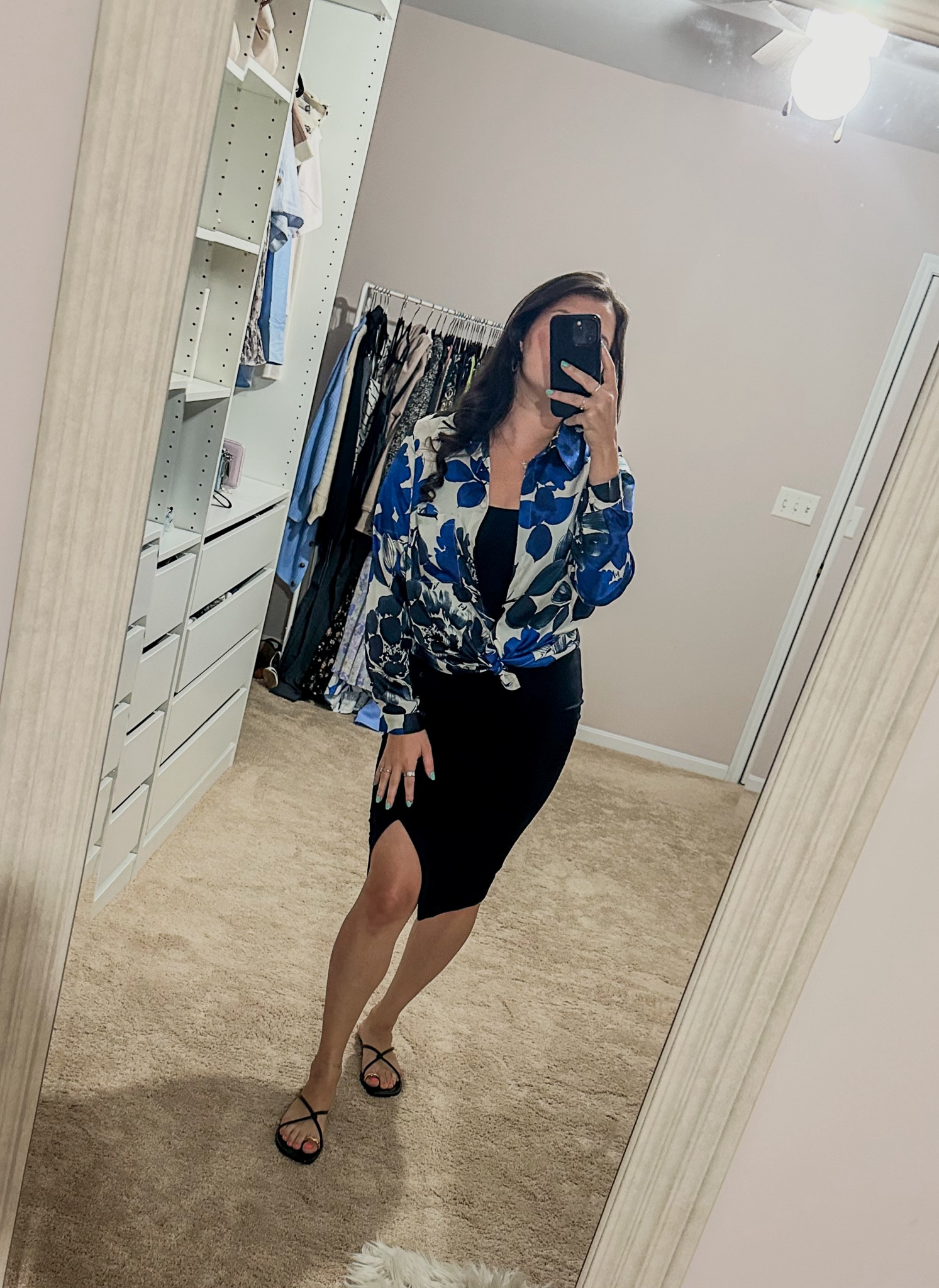 Silk floral button down from Zara. Old Bodycon dress from Express but linking a similar option. Exact sandals linked 

#LTKStyleTip #LTKShoeCrush