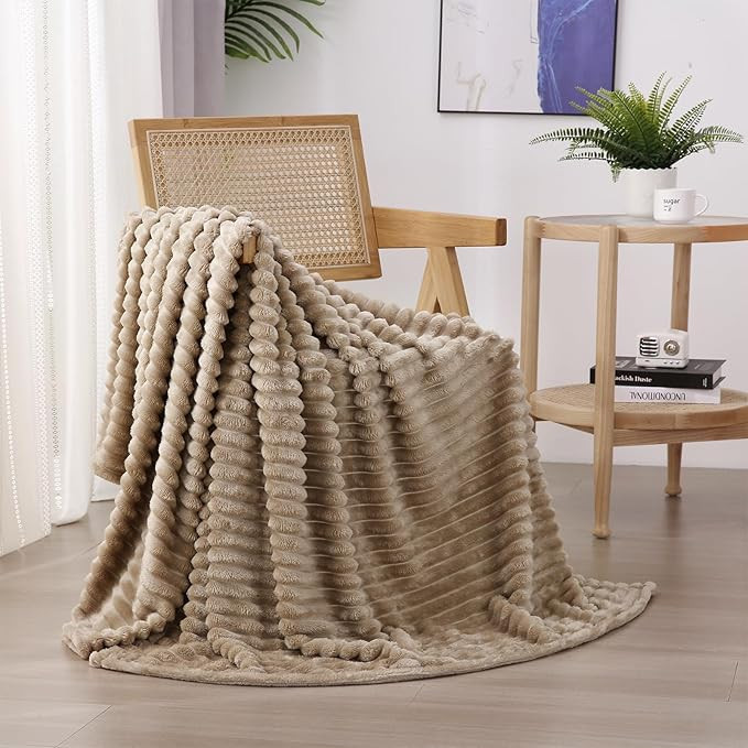 Tan Fleece Throw Blanket 50”×60” for Couch Sofa Bed,Super Soft Cozy Plush Blanket with Strip... | Amazon (US)
