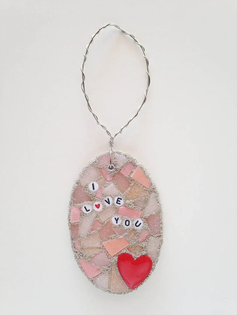 I Love You Mosaic Ornament, Pink Glass, Ceramic Red Heart, Vitreous Glass, Silver Microbeads, Val... | Etsy (US)