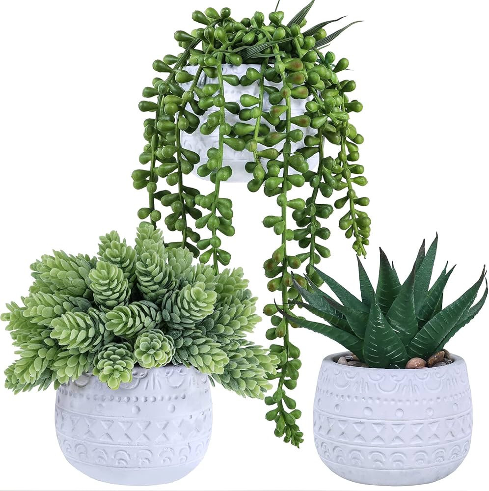 Winlyn 3 Pcs Assorted Small Potted Succulent Plants Artificial Aloe Hanging Succulent in White Ge... | Amazon (US)