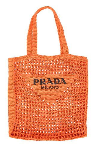 prada Prada Crochet Raffia Tote Bag in Orange - Orange. Size all. | FWRD 