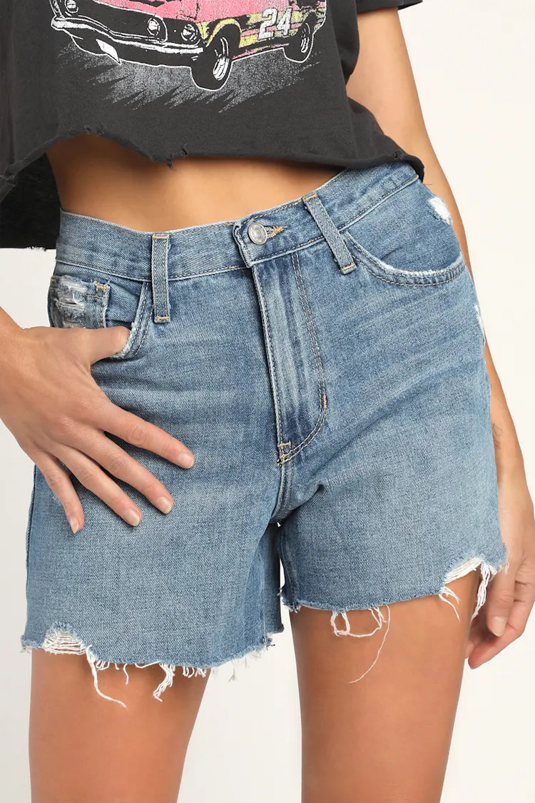 Forever Sun Medium Wash High Rise Distressed Denim Shorts | Lulus (US)