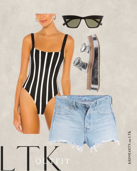 White and Black One Piece Striped Swimsuit Denim Shorts Silver Metallic Platform Sandals Outfit 

#LTKshoecrush #LTKSpringSale #LTKsalealert