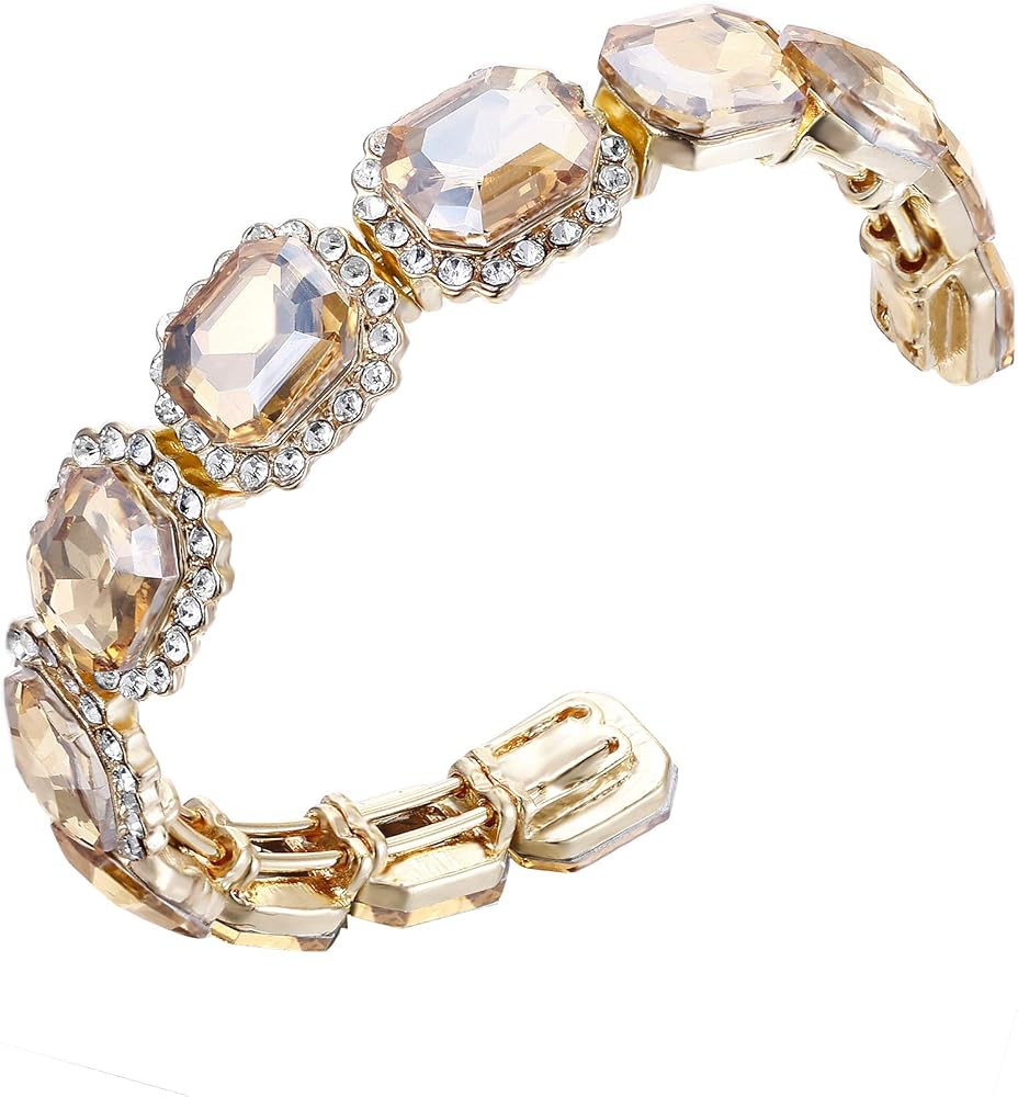 BriLove Women's Wedding Bridal Multi Emerald Cut Crystal Open Bangle Stretch Bracelet | Amazon (US)