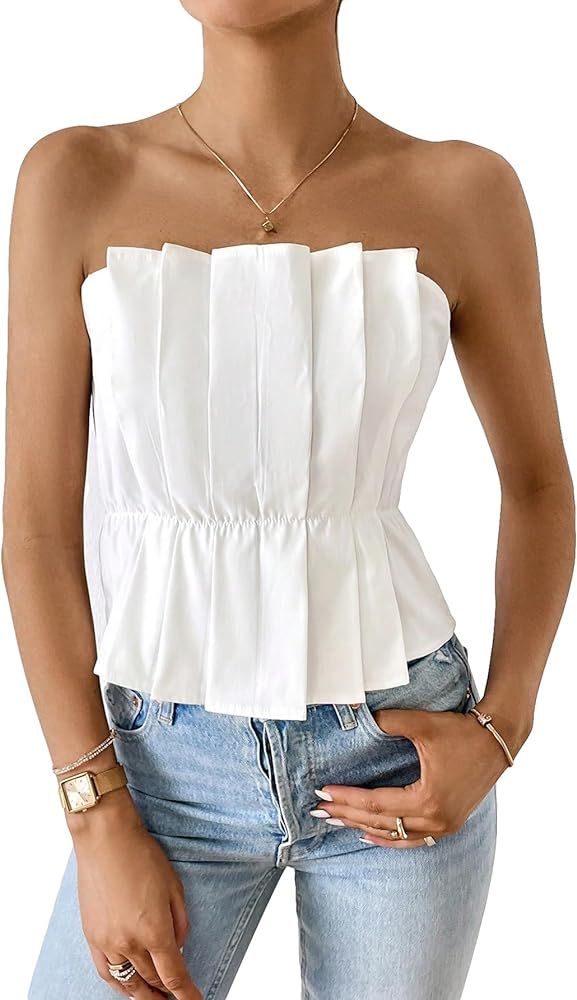 OYOANGLE Women's Casual Pleated Sleeveless Flare Hem Solid Strapless Tube Crop Top | Amazon (US)