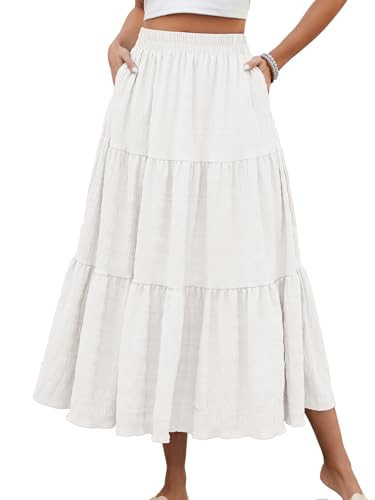 HUSKARY White Maxi Skirts for Women Casual Summer Elastic High Waisted Long Flowy Skirt Loose Ruffle Tiered Skirts,White,Small | Amazon (US)