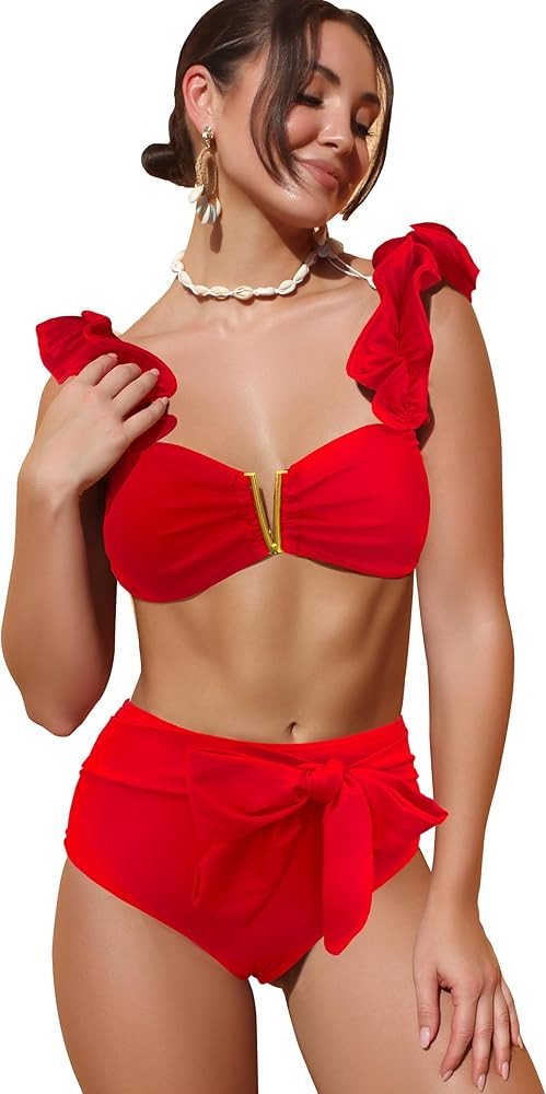 SPORLIKE Women High Waisted Swimsuit Flounce Straps Bikini Bathing Suit | Amazon (US)