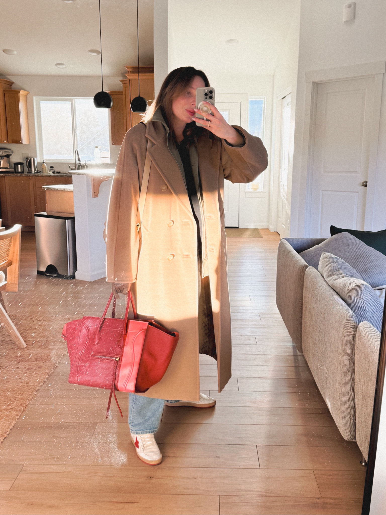 OOTD: inspired by Ralph Lauren email about layering 🧥: 
Max Mara Madame 101801 Icon coat in camel layered on Polo Ralph Lauren Cotton Twill field jacket over a merino wool top. 
Jeans: maternity jeans 👖 by H&M styled with Golden Goose ball star sneakers + Celine luggage phantom. Gloves - older ones from Bloomingdale’s, exactly the same gloves in multiple colors available from new collection; similar style available at Aritzia! 

#LTKWorkwear #LTKSeasonal #LTKStyleTip