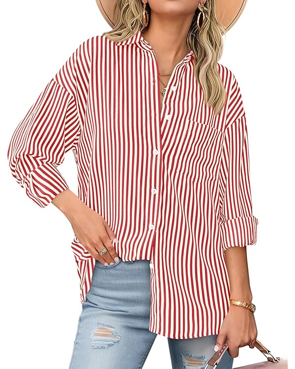 BTFBM Womens Button Down Shirts Striped Shirt Long Sleeve Casual Collared Office Work Loose Fit B... | Amazon (US)