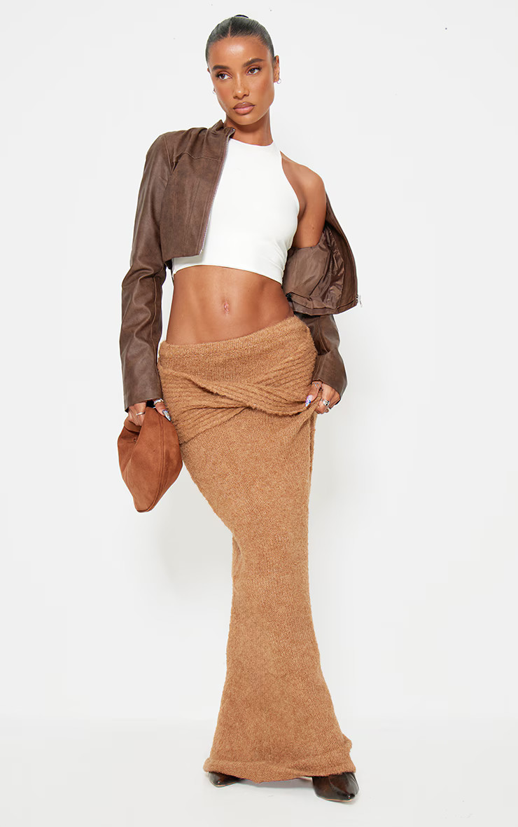 Mocha Soft Bobble Knit Foldover Maxi Skirt | Knitwear | PrettyLittleThing US