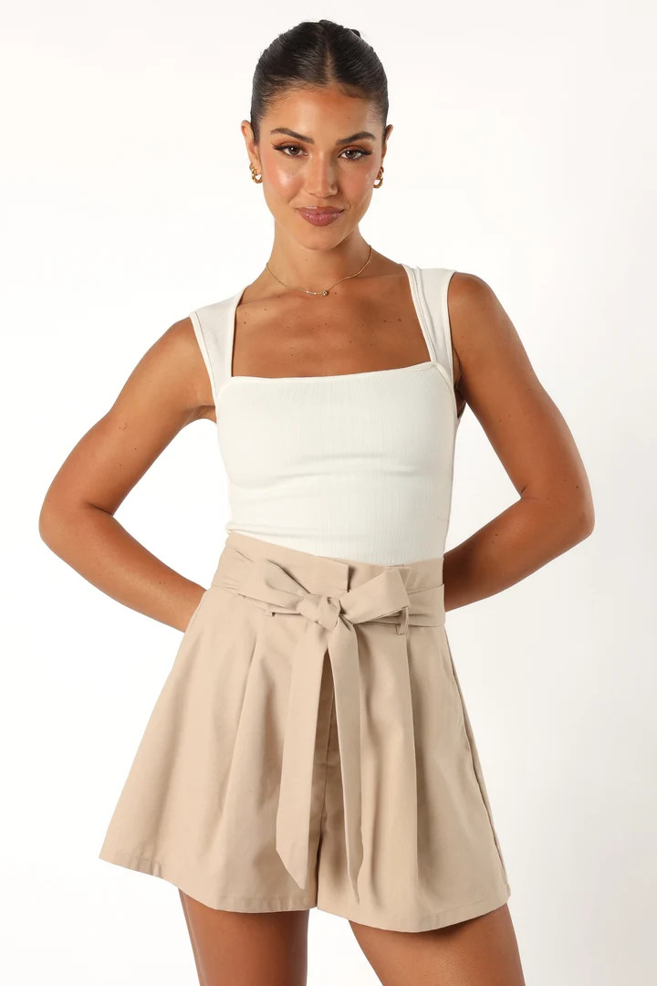 Maya High Waisted Paperbag Shorts - Beige | Petal & Pup (US)