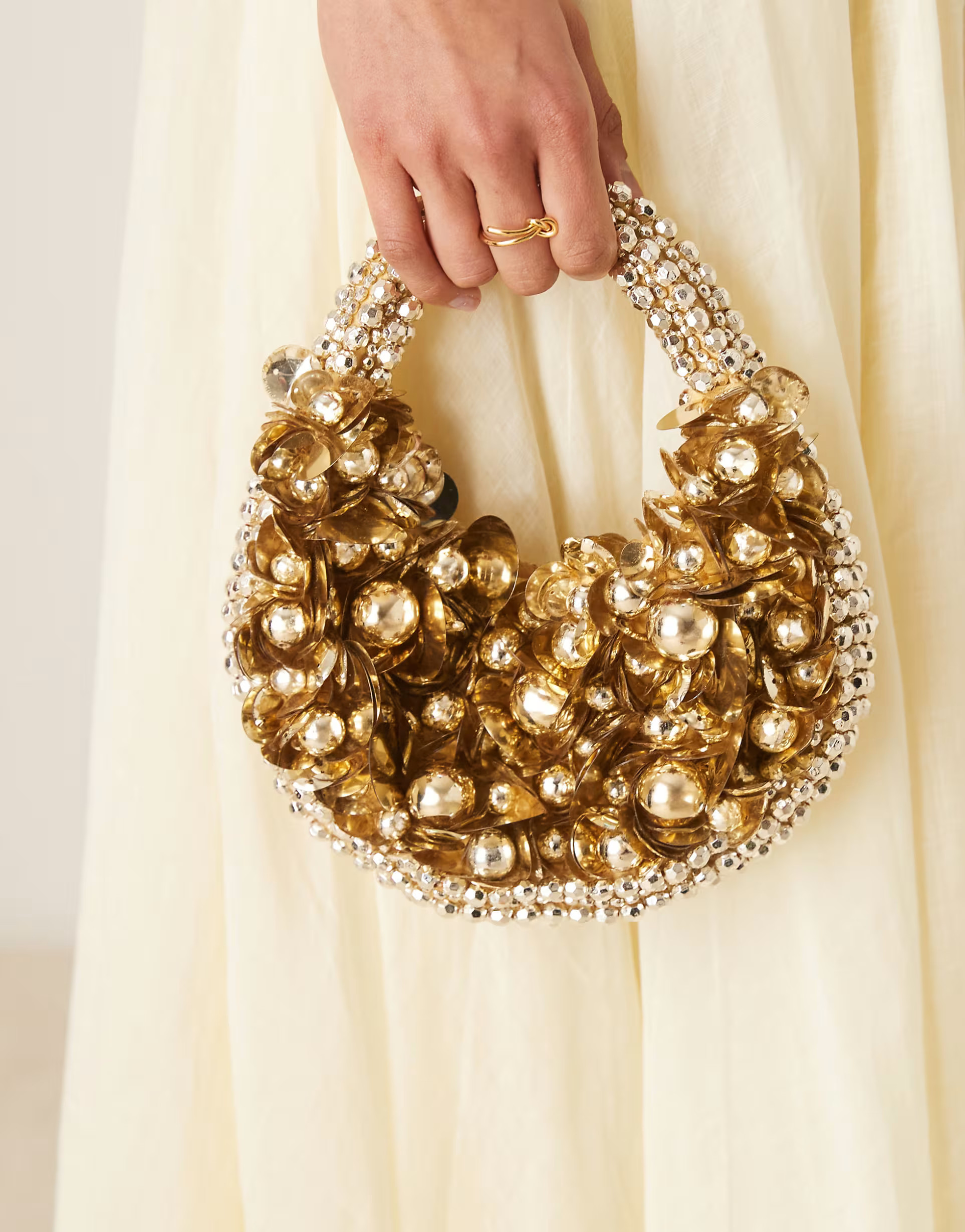 ASOS DESIGN beaded and sequin scoop grab clutch bag in gold | ASOS (Global)