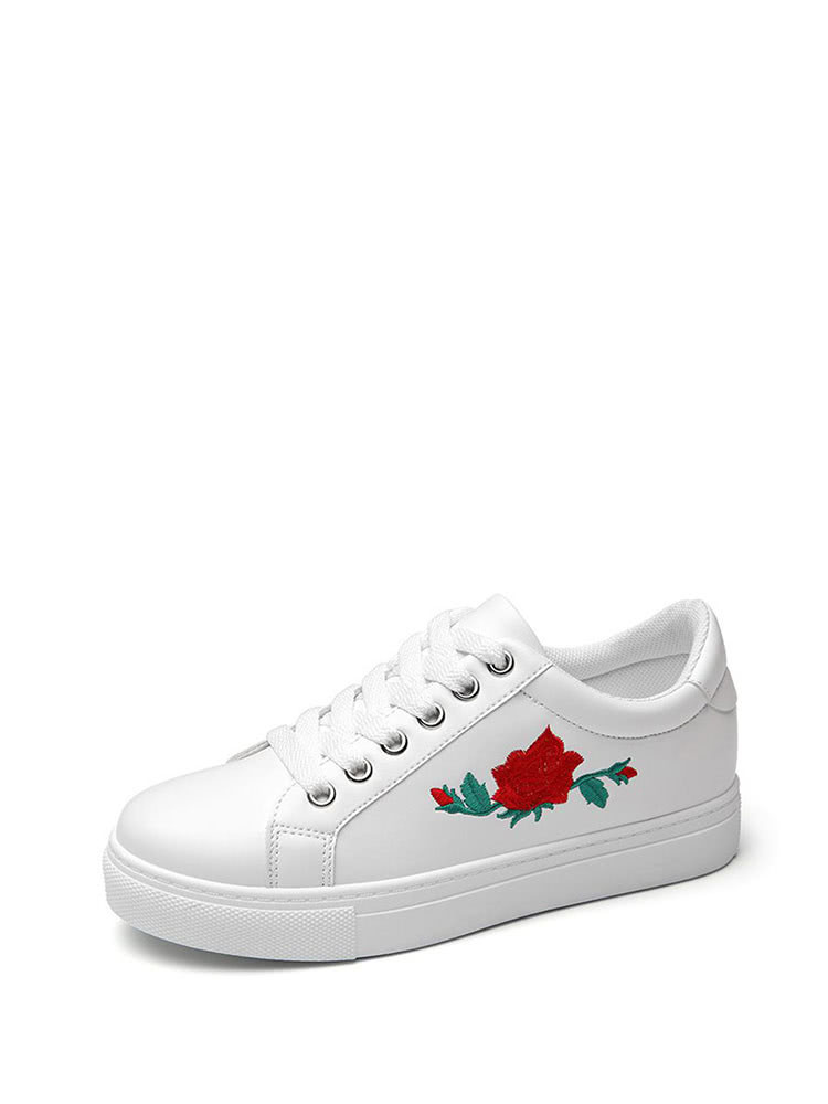 Flower Embroidery PU Lace Up Sneakers | ROMWE