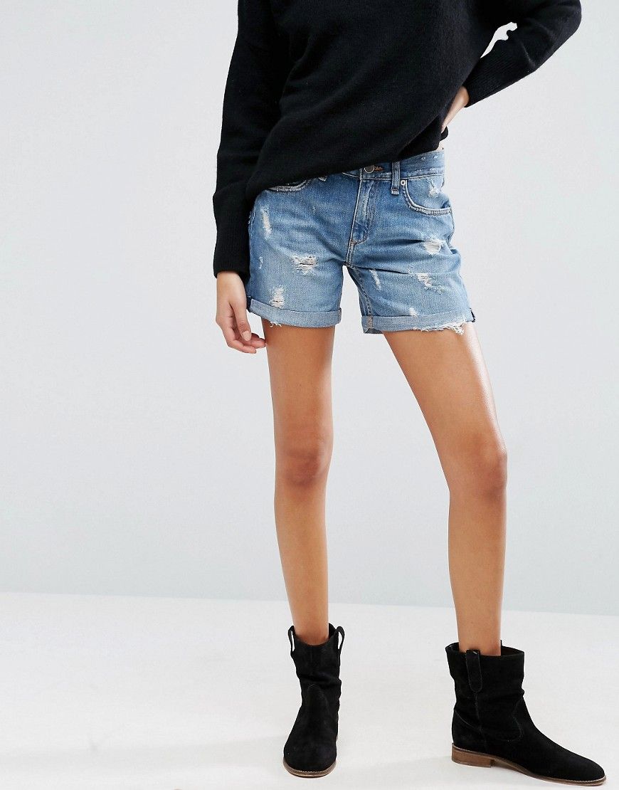 ASOS Denim Easy Boyfriend Short in Myth Midwash With Rips | ASOS US