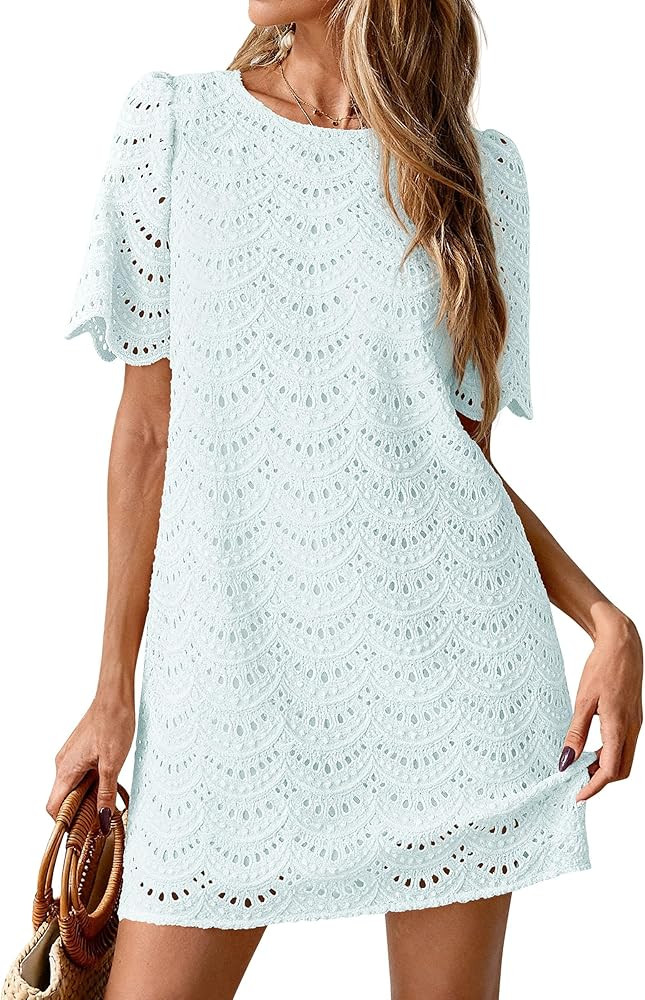 PRETTYGARDEN Women's 2026 Summer Casual Short Dresses Embroidered Lace Short Sleeve Boho Mini Dre... | Amazon (US)