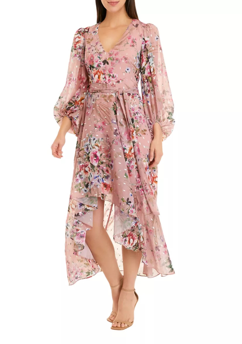 Women's Long Sleeve Surplice Floral Foil Print Chiffon Dress | Belk