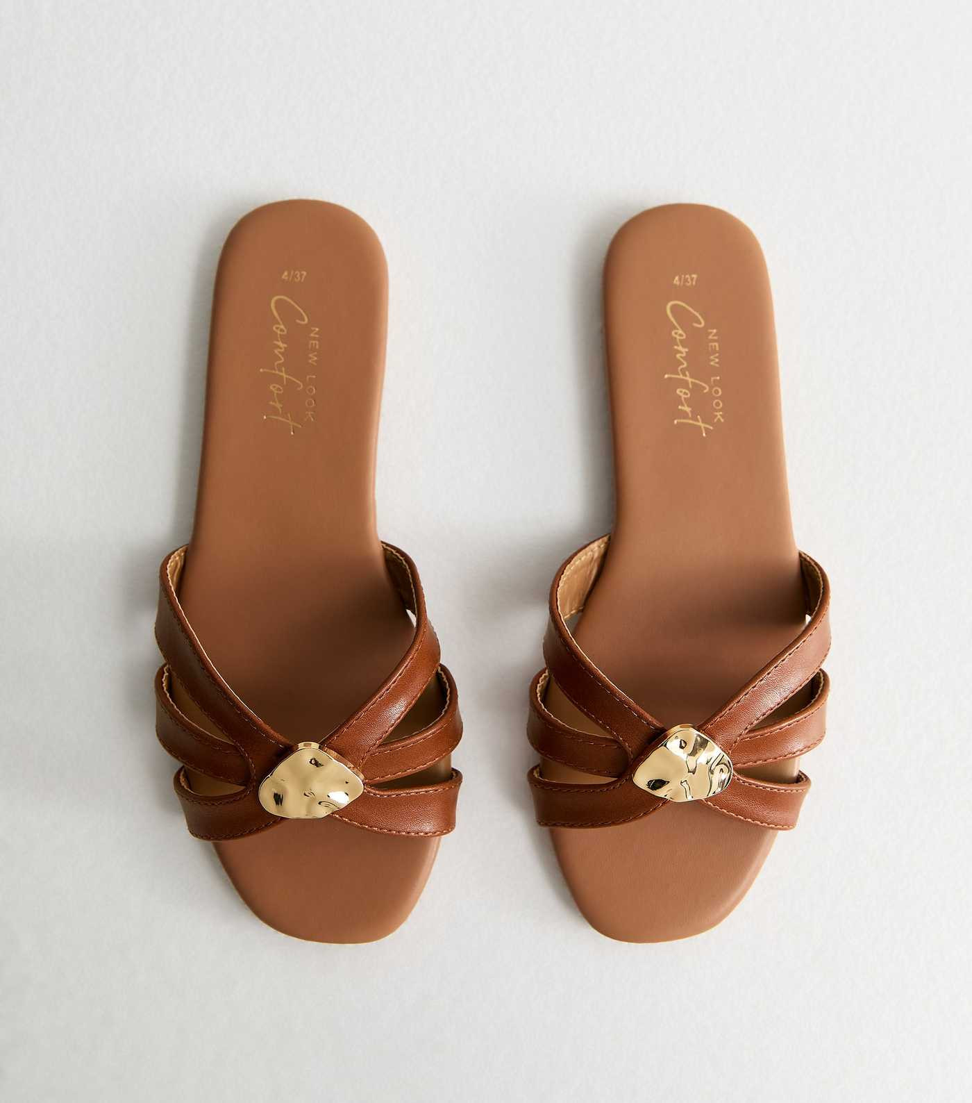Tan Faux Leather Hammered Hardware Flat Mule Sandals | New Look | New Look (UK)