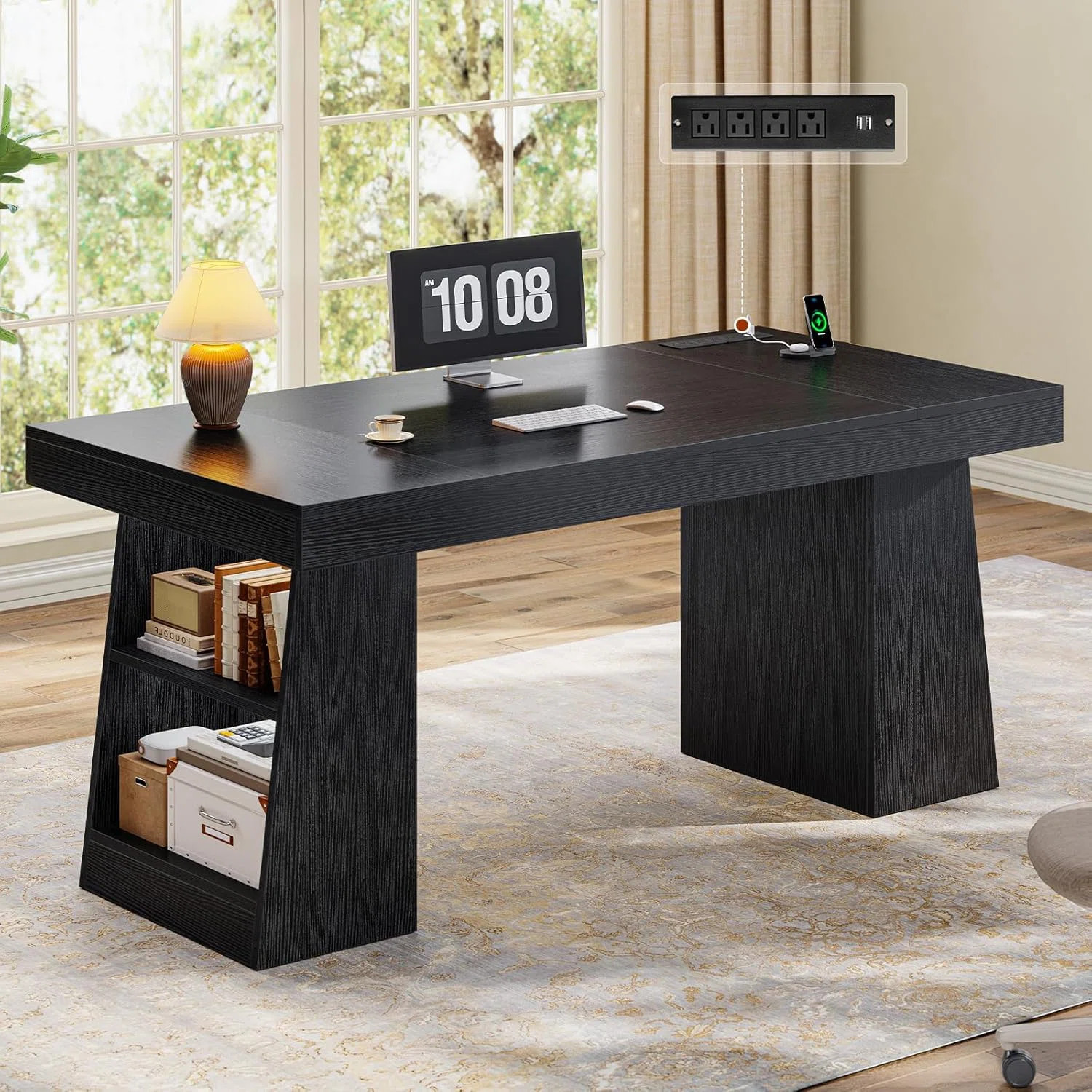 55.9” Executive Desk, Modern Home Office Desk With Power Outlets And Storage Shelves, Small Con... | Wayfair North America