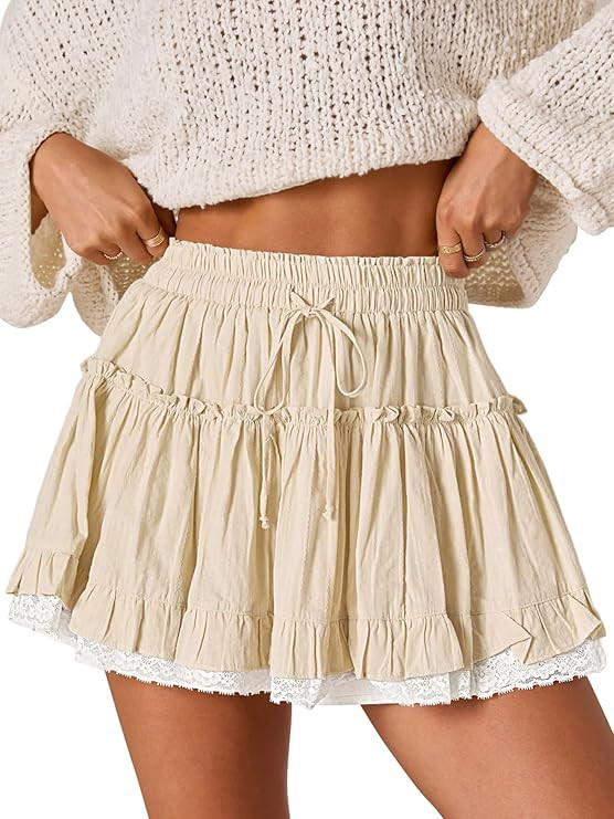 Flowy Shorts for Women Lace Ruffle Tiered Mini Skirt Casual Boho High Waisted Tennis Golf Skorts ... | Amazon (US)