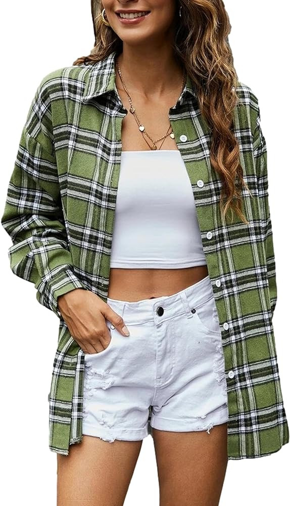 Zontroldy Flannel Shirt Women Oversized Plaid Shirts for Women Button Tops | Amazon (US)