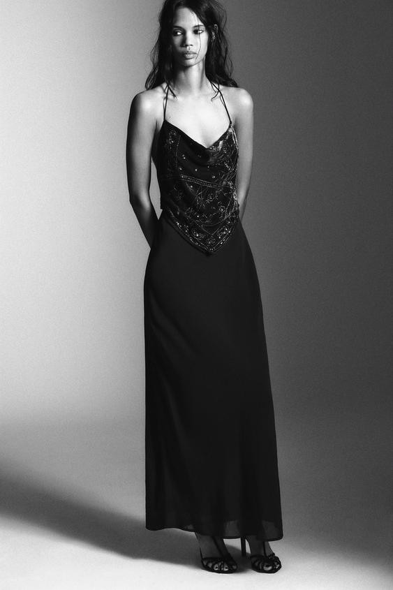 LONG VELVET BEADED DRESS | Zara US