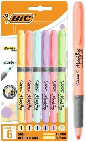 BIC Highlighter Grip Pastel Adjustable Bevelled Tip Markers - Assorted Colors, Pack of 6 | Amazon (US)