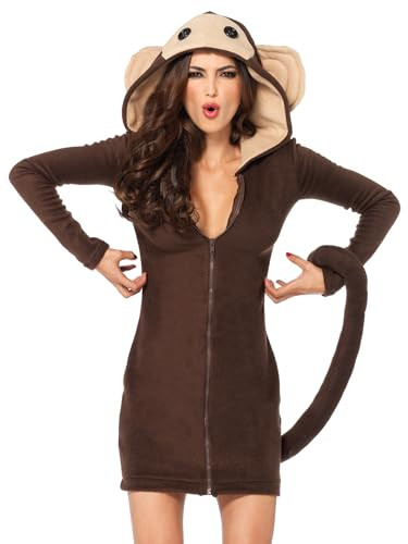 Leg Avenue Womens Cozy Monkey Hooded fleece Dress with Tail - Cute Halloween Onesie for Women Adult Sized Costumes, Brown, Small US | Amazon (US)