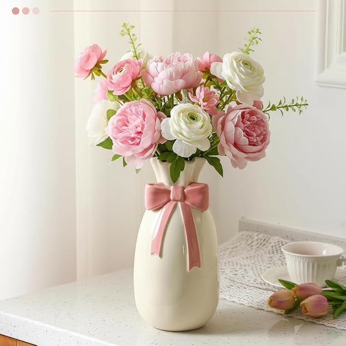 Pink Ceramic Bow Vase for Flowers, Valentine's Gifts for Her, 9.3 Inch Cute Flower Vase with Bow ... | Amazon (US)