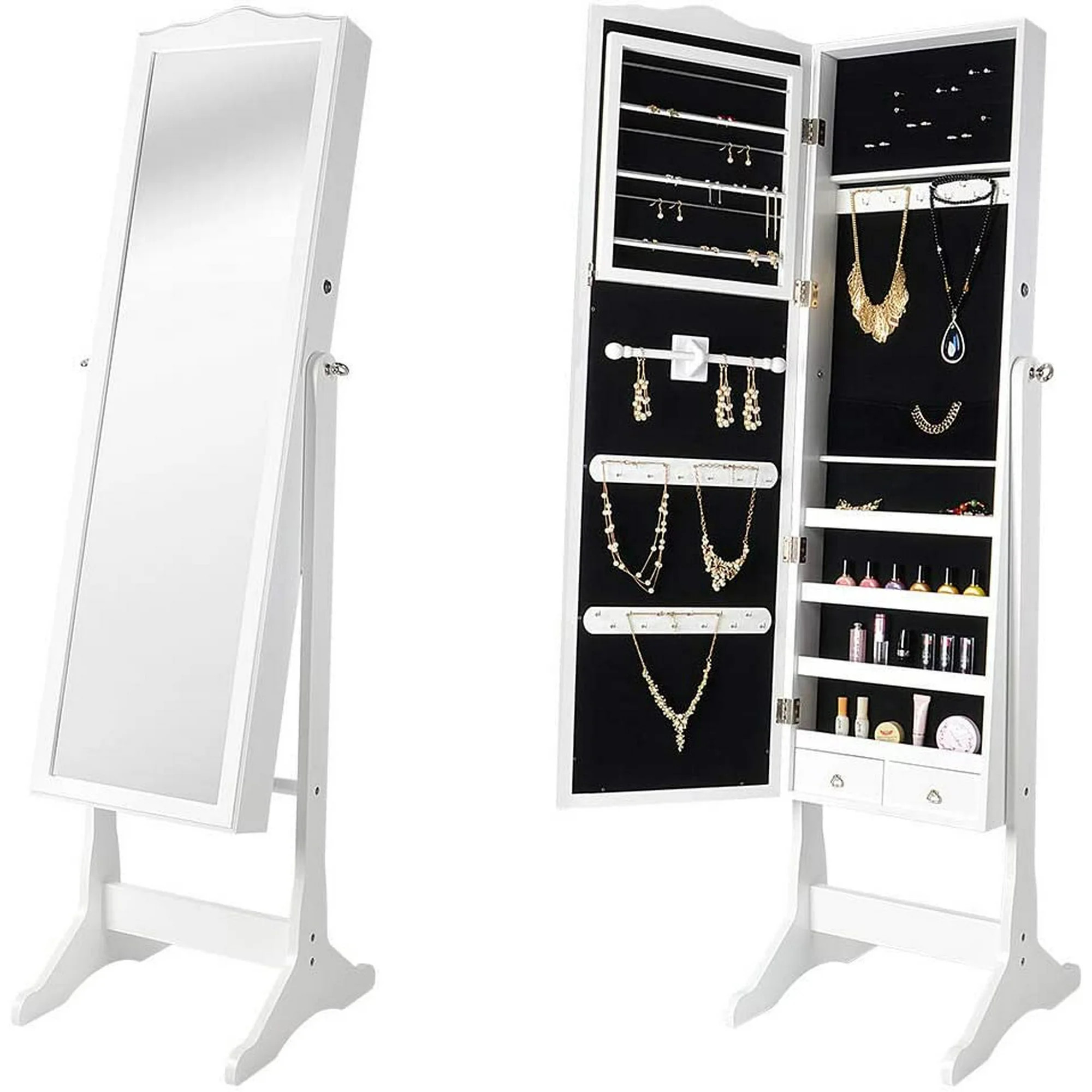 Lockable Wooden Jewelry Armoire, Floor Standing Jewelry Cosmetic Mirror Cabinet Chest Wardrobe St... | Walmart (CA)