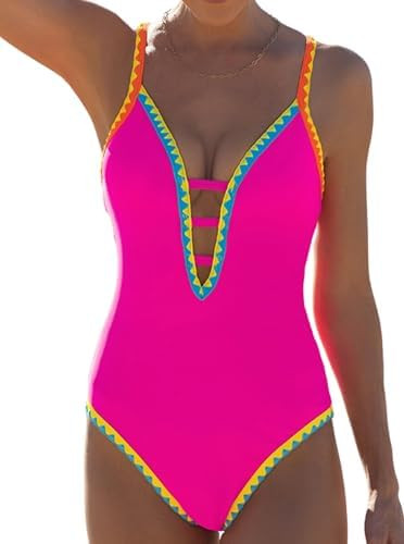 popvil Women One Piece Swimsuit Tummy Control Deep V Neck Neon Cute Bathing Suit Back Tie Swim Su... | Amazon (US)