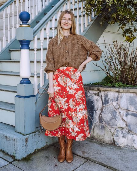 Floral midi skirt that can be styled for all seasons! Gorgeous colors, feminine and flirty! Paired with a wardrobe staple chunky wool cardigan that goes with everything 