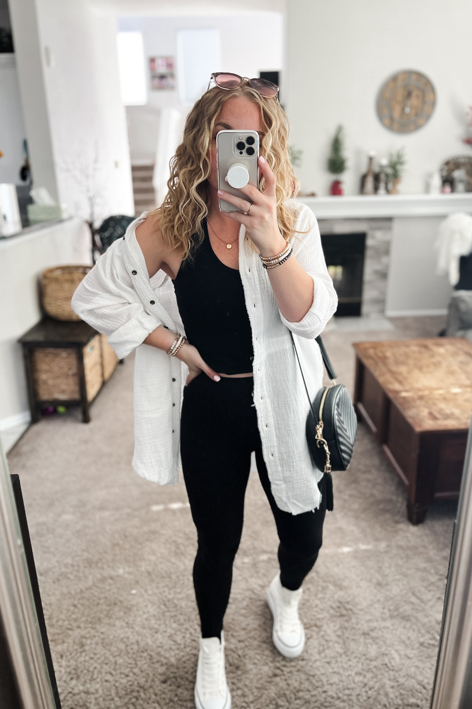 Casual outfit idea with a flowy button up shirt (also perfect for a swim cover up! Fits Oversized), crop tank top, black leggings, sneakers, and black crossbody bag. 

//
Winter outfits| amazon winter outfit | winter travel outfit| winter dinner outfit | casual winter outfits | winter fashion | size 4-6 | cold weather outfits | winter outfit ideas | layering outfit for the cold| winter fashion 2024 | outfit inspo | outfit ideas | winter outfits amazon | boots | leggings outfits winter | casual outfit Ideas | amazon deal | amazon on sale | amazon handbags | amazon shoes #Ltkitbag #ltksalealert #ltkfindsunder100


#LTKfindsunder50 #LTKstyletip #LTKshoecrush