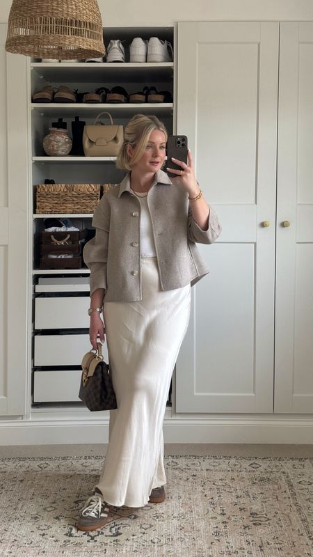 Spring outfit with a cream maxi satin skirt (size 36) , cropped jacket (size s) , Uniqlo vest top with a built in bra (I wear size S) and adidas Spezials 