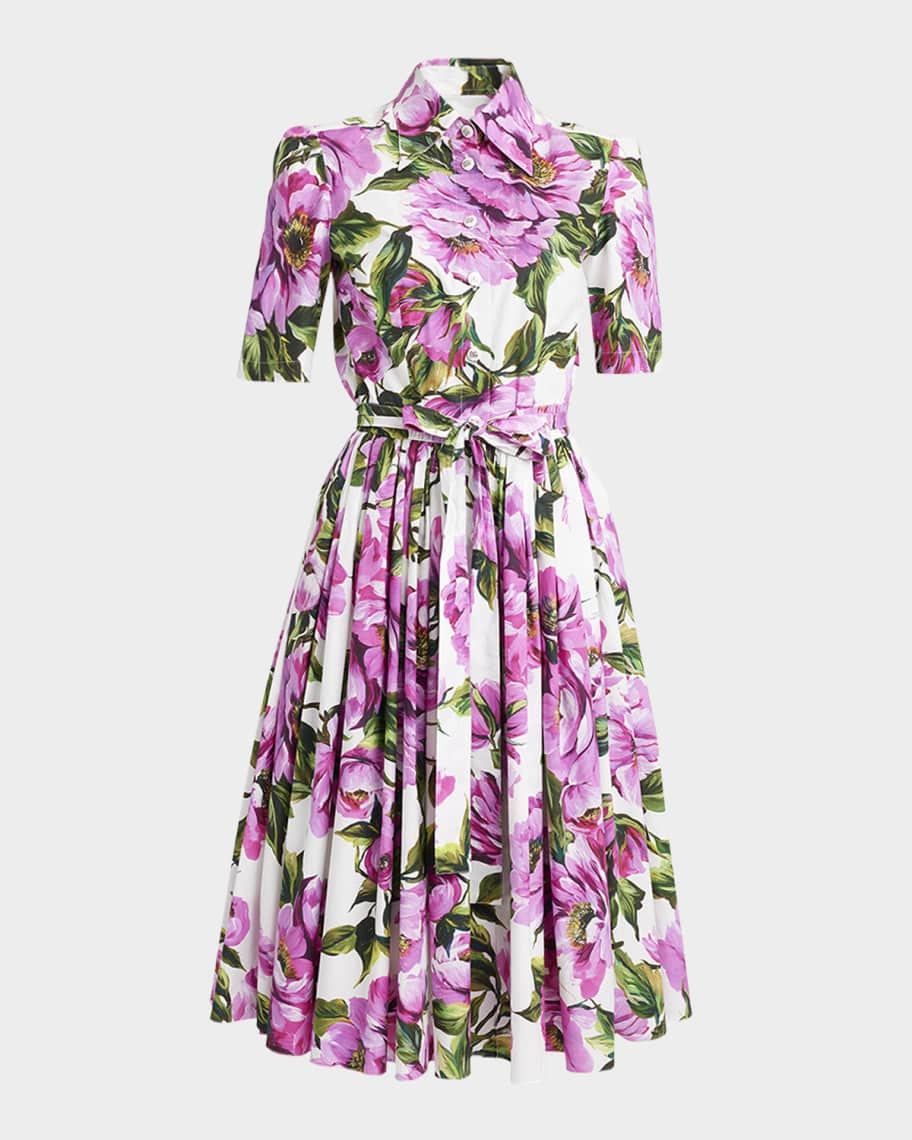 Dolce&Gabbana Peony-Print Short-Sleeve Pleated Midi Shirtdress | Neiman Marcus