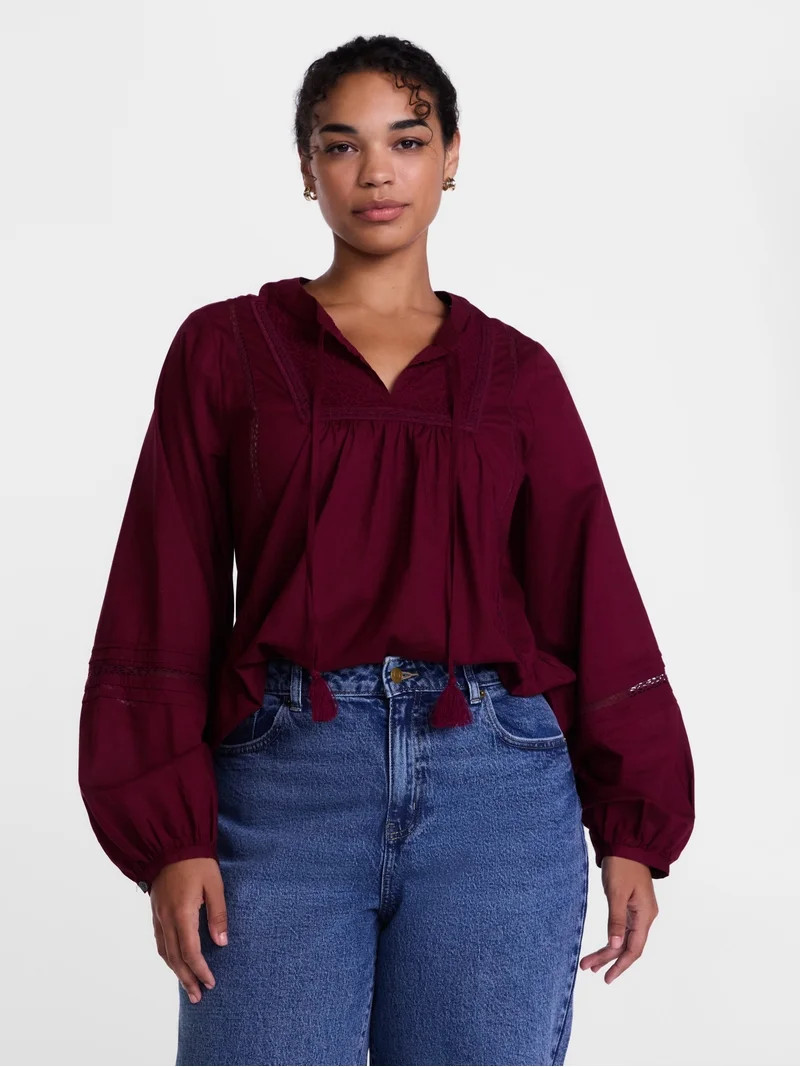 Scenario Women's and Women's Plus Embroidery Top with Lace Inserts, Sizes XS-4X | Walmart (US)