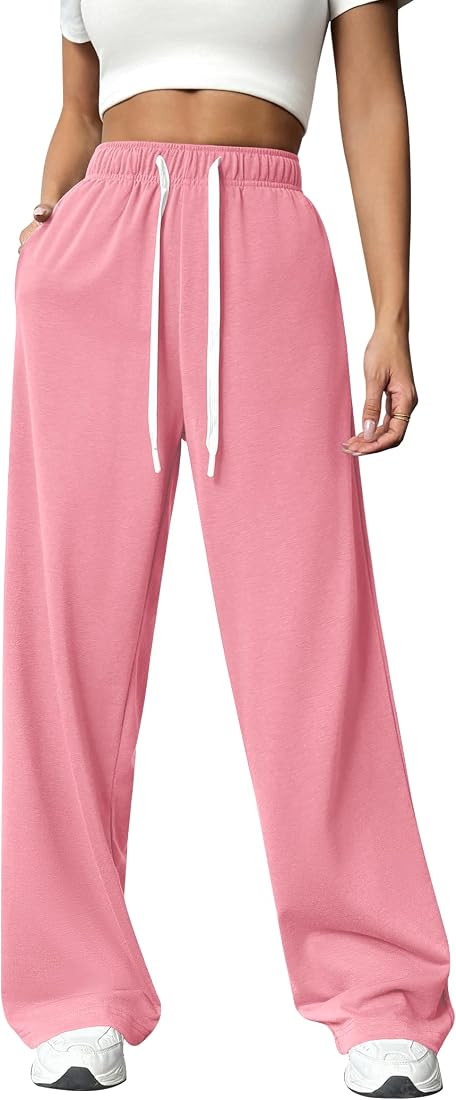PINSPARK Wide Leg Sweat Pants for Womens High Waisted Baggy Sweatpants Casual Drawstring Workout ... | Amazon (US)