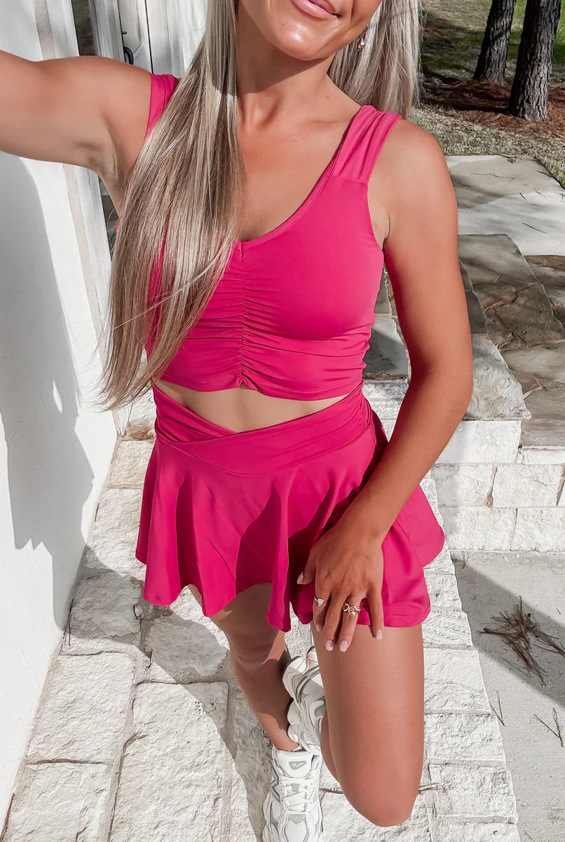 Center Court Ruche Active Padded Tank & Skort Set - Plum Pink | CK Squared Boutique