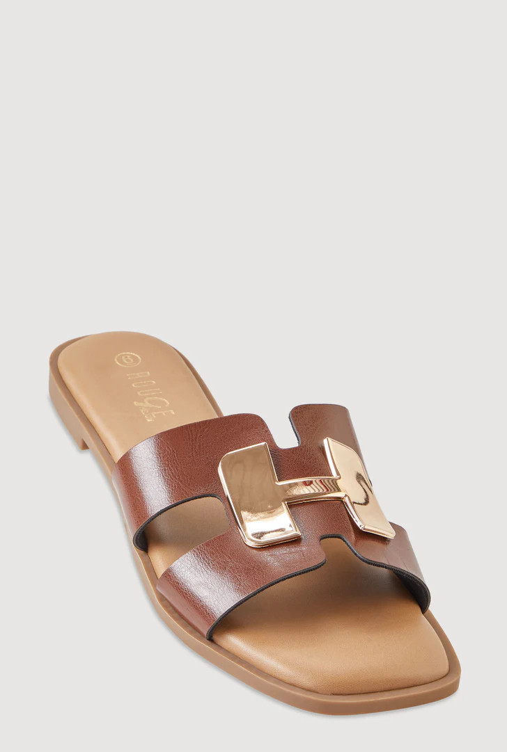 Metallic Pendant Cutout H Band Slide Sandals | Rainbow Shops